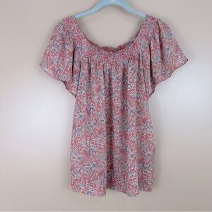 Motto Multicolored Floral Paisley Flutter Sleeve Smocked Blouse Small Feminine